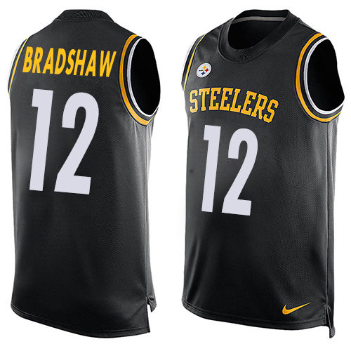 Men's Limited Terry Bradshaw Nike Jersey Black - #12 Player Name & Number Tank Top NFL Pittsburgh Steelers